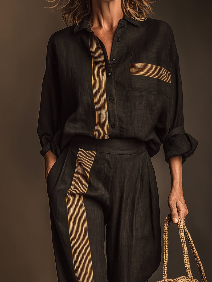 Retro Casual Striped Two-Piece Set with Color Blocks