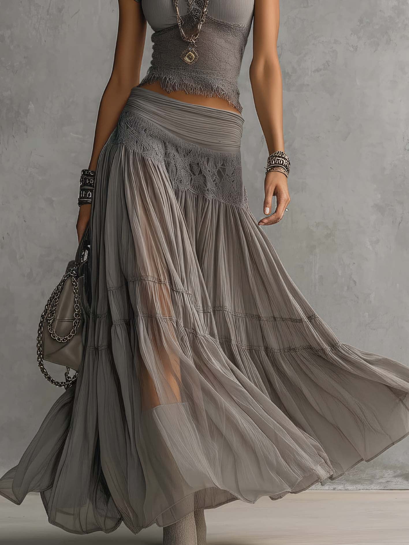 Gray Sheer Lace Top and Pleated Maxi Skirt Set
