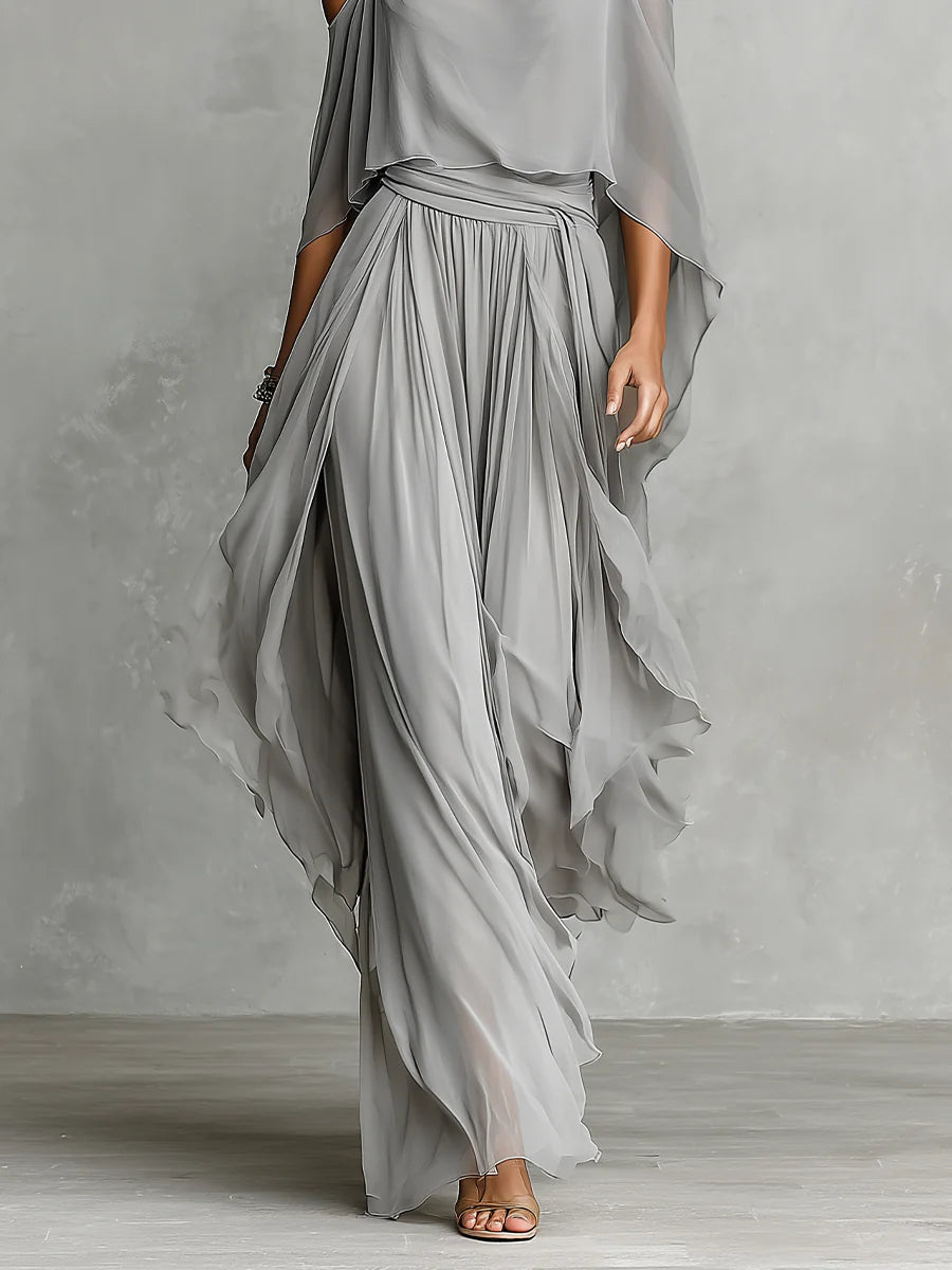 Off-Shoulder Blouse and Gray Chiffon Pants Set