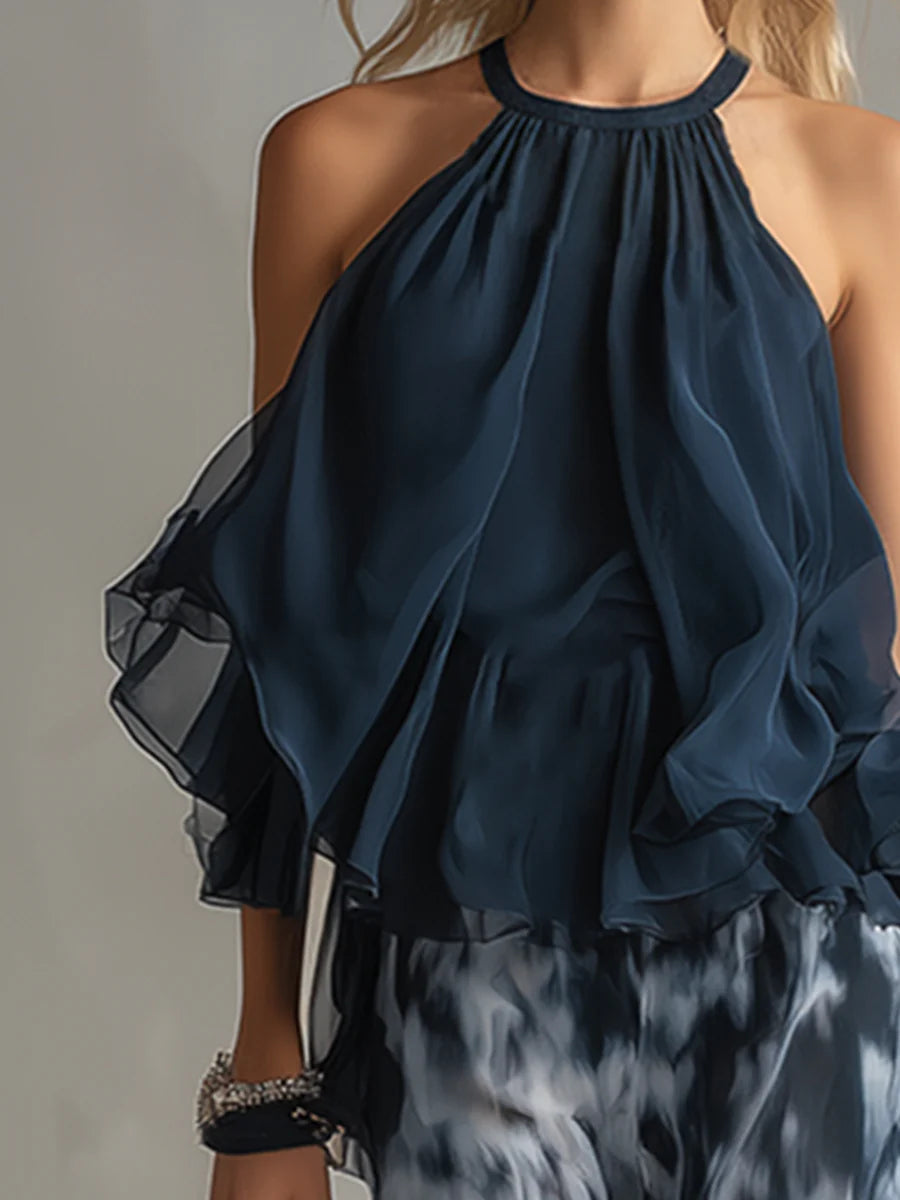 Navy Blue Chiffon Halter Top Set with Printed Wide Leg Pants