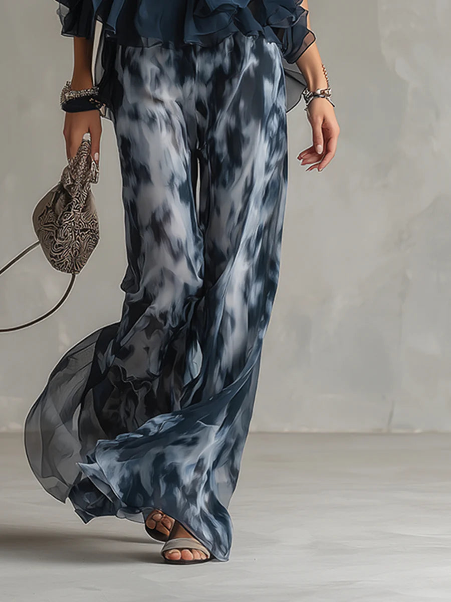 Navy Blue Chiffon Halter Top Set with Printed Wide Leg Pants