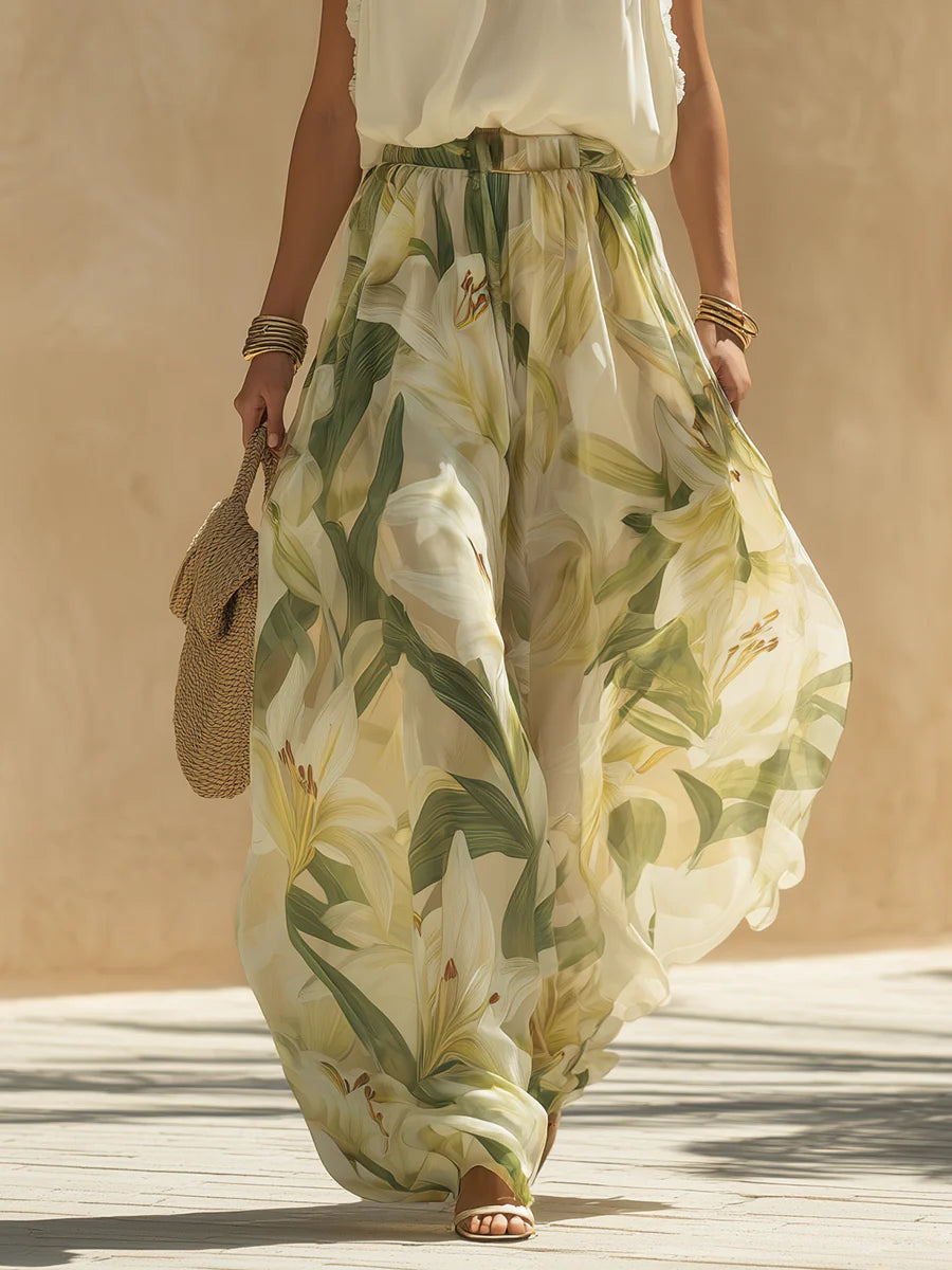 Chiffon Ruffle Sleeveless Top Set with Lily Print Pants