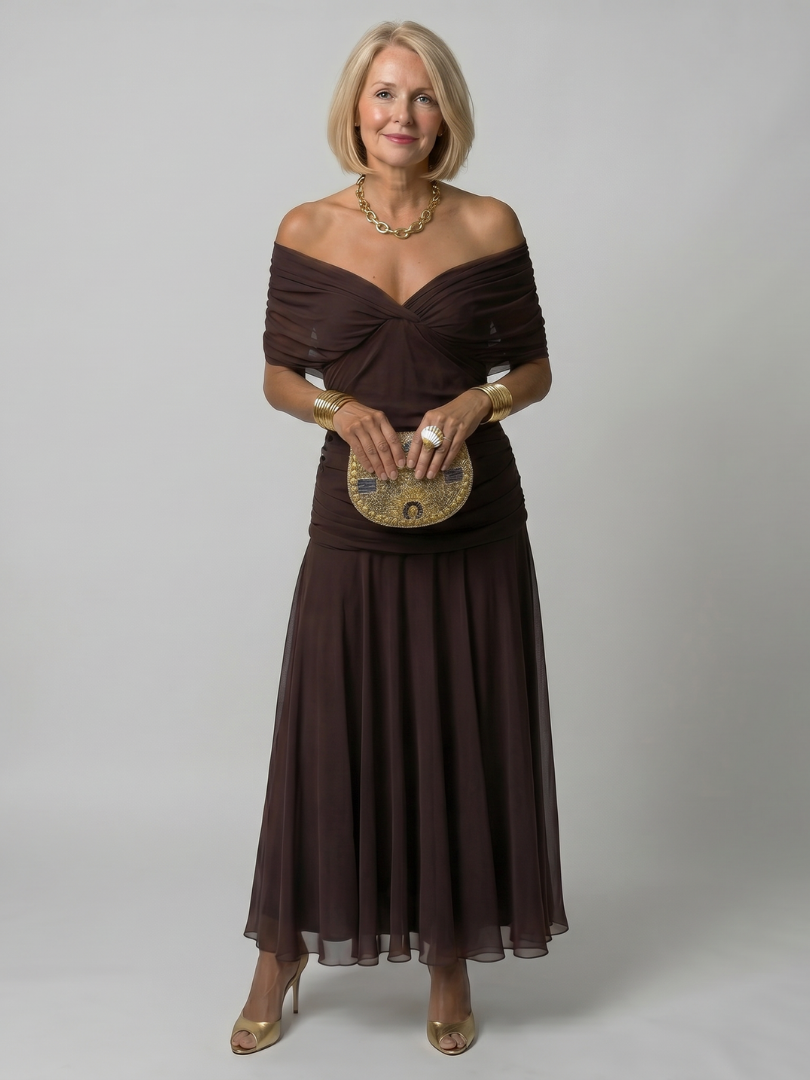 CALEN - OFF SHOULDER FLOW MIDI DRESS