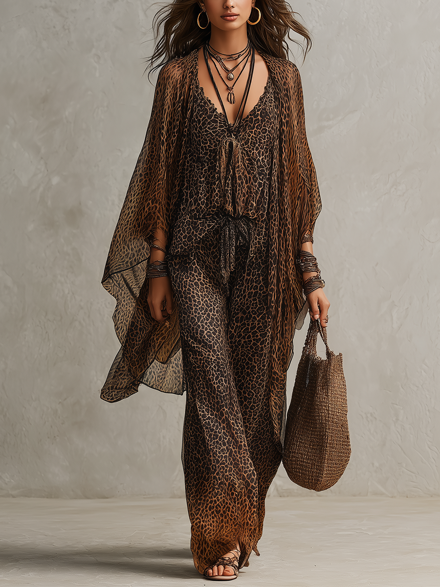 Flowing Leopard Print with Bohemian Gradient - Three-Piece Set