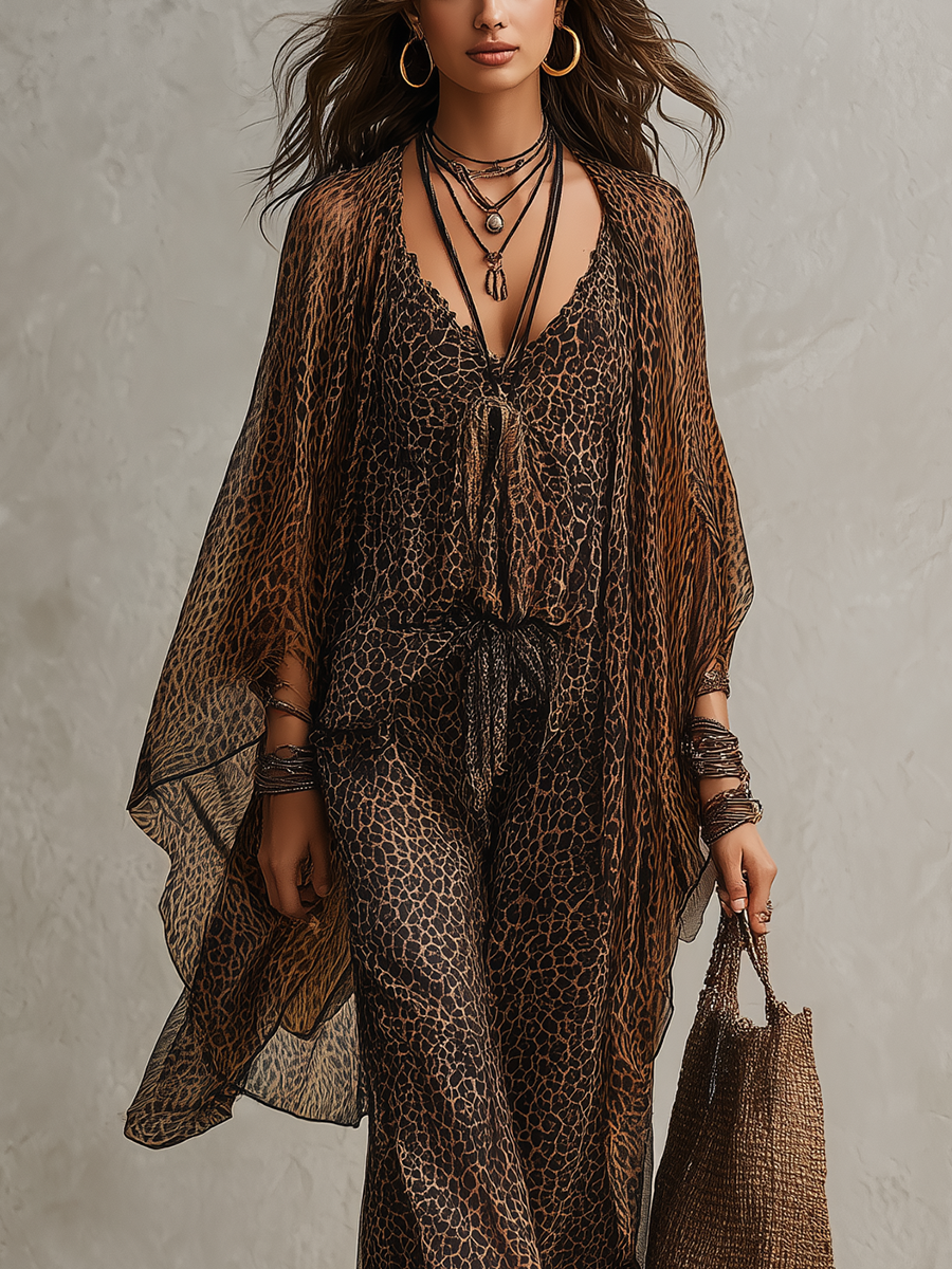 Flowing Leopard Print with Bohemian Gradient - Three-Piece Set