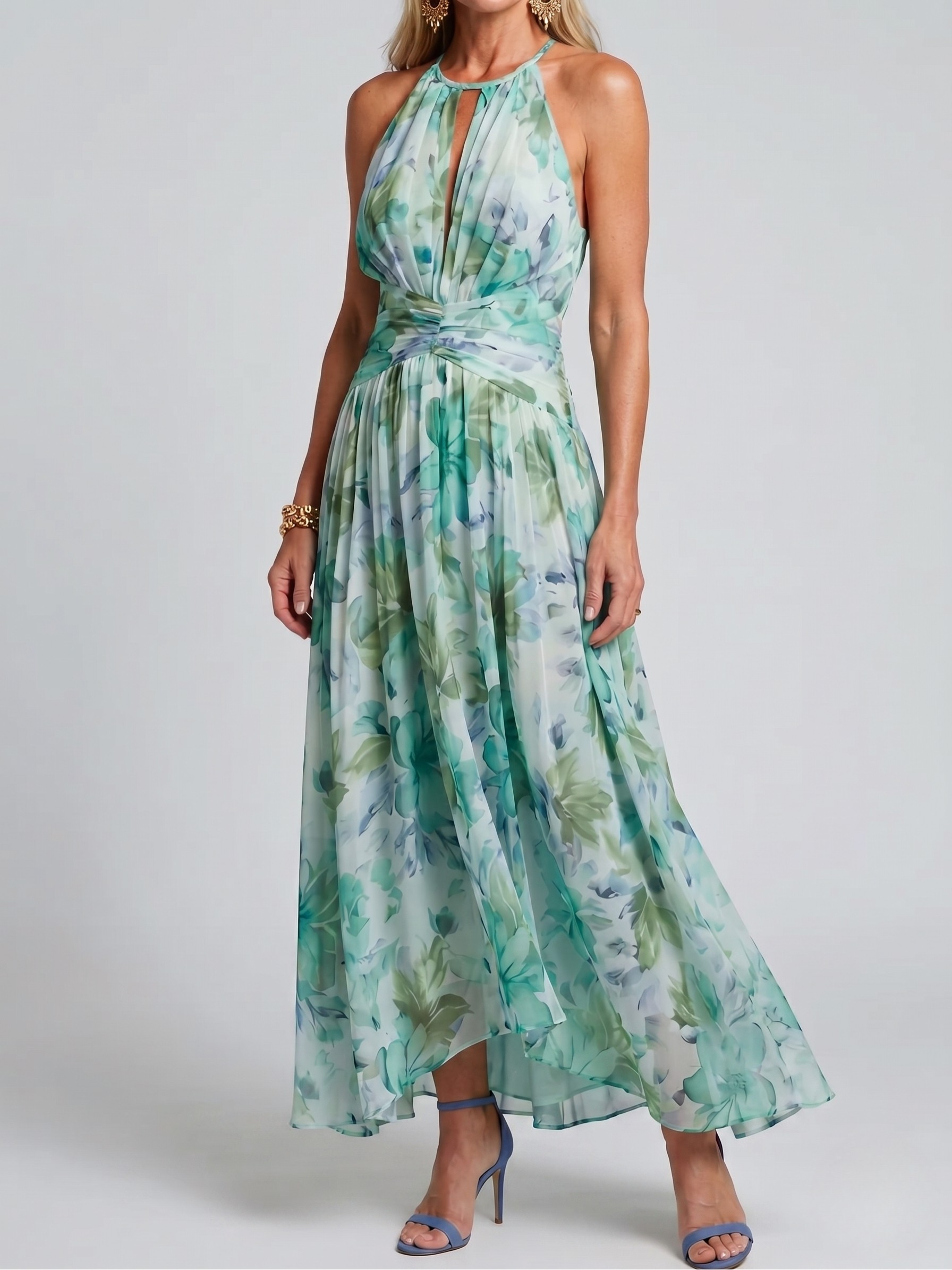 PORTIA – PLEATED HALTER FLORAL MIDI DRESS