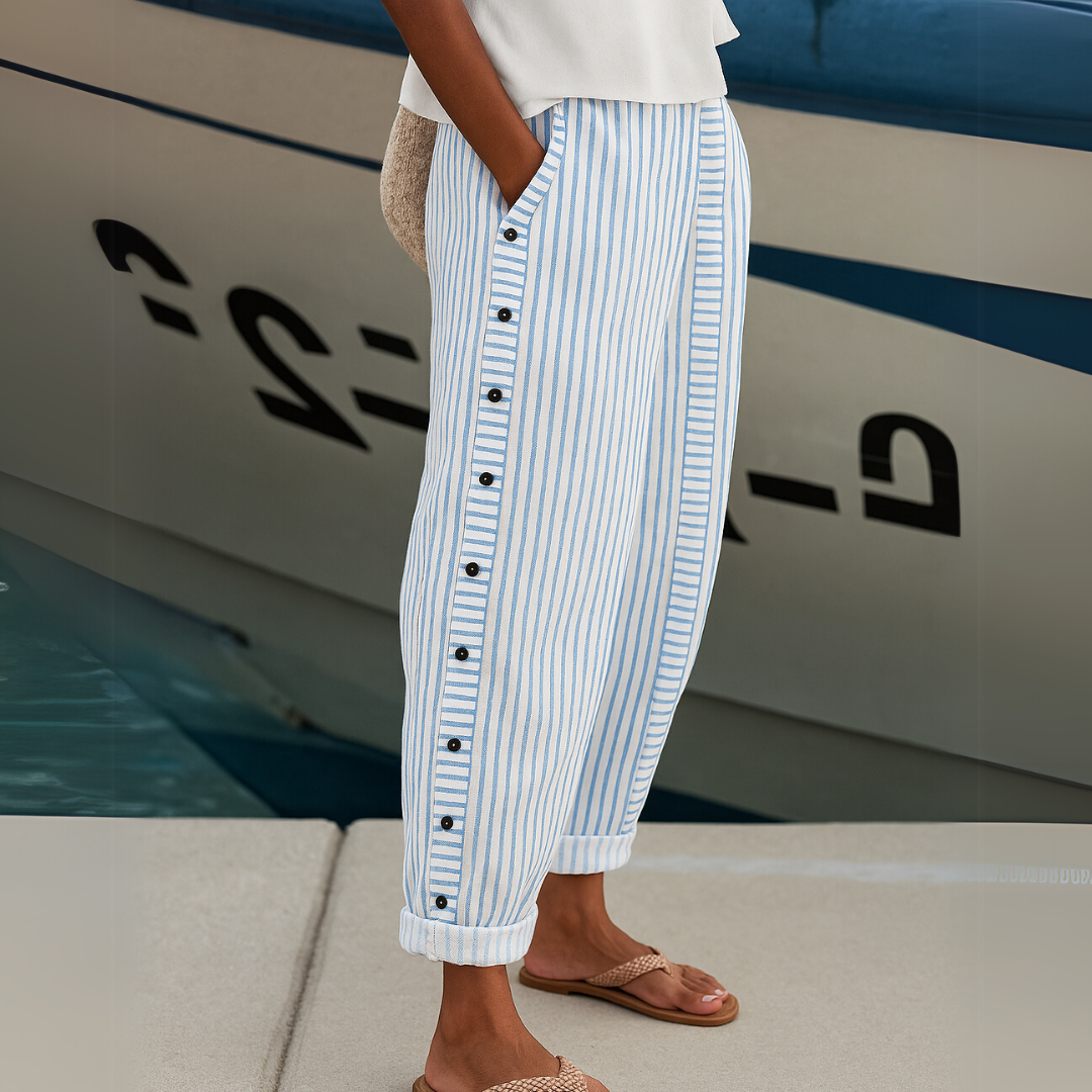 JOVIE - BUTTON-DETAIL STRIPED TROUSERS