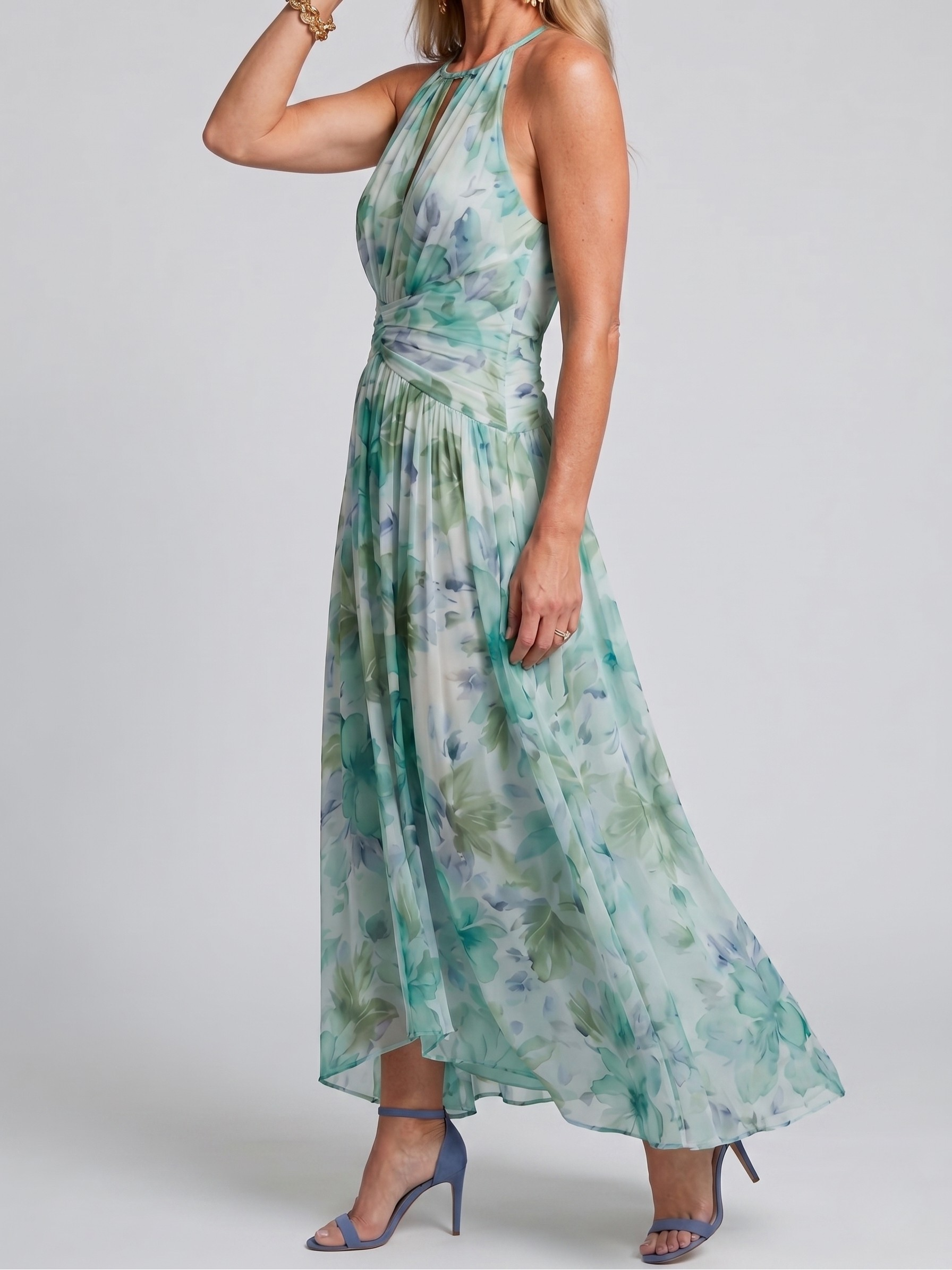 PORTIA – PLEATED HALTER FLORAL MIDI DRESS