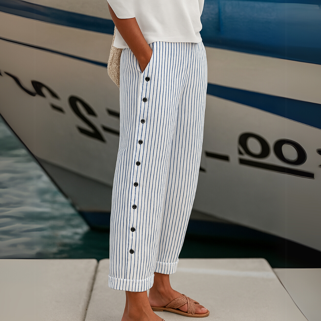 JOVIE - BUTTON-DETAIL STRIPED TROUSERS