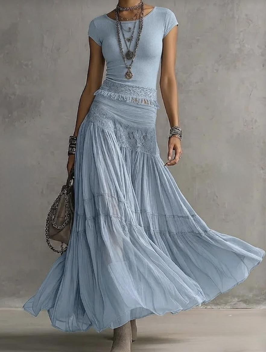 LACE TOP SET WITH PANEL AND MAXI PLEATED SKIRT
