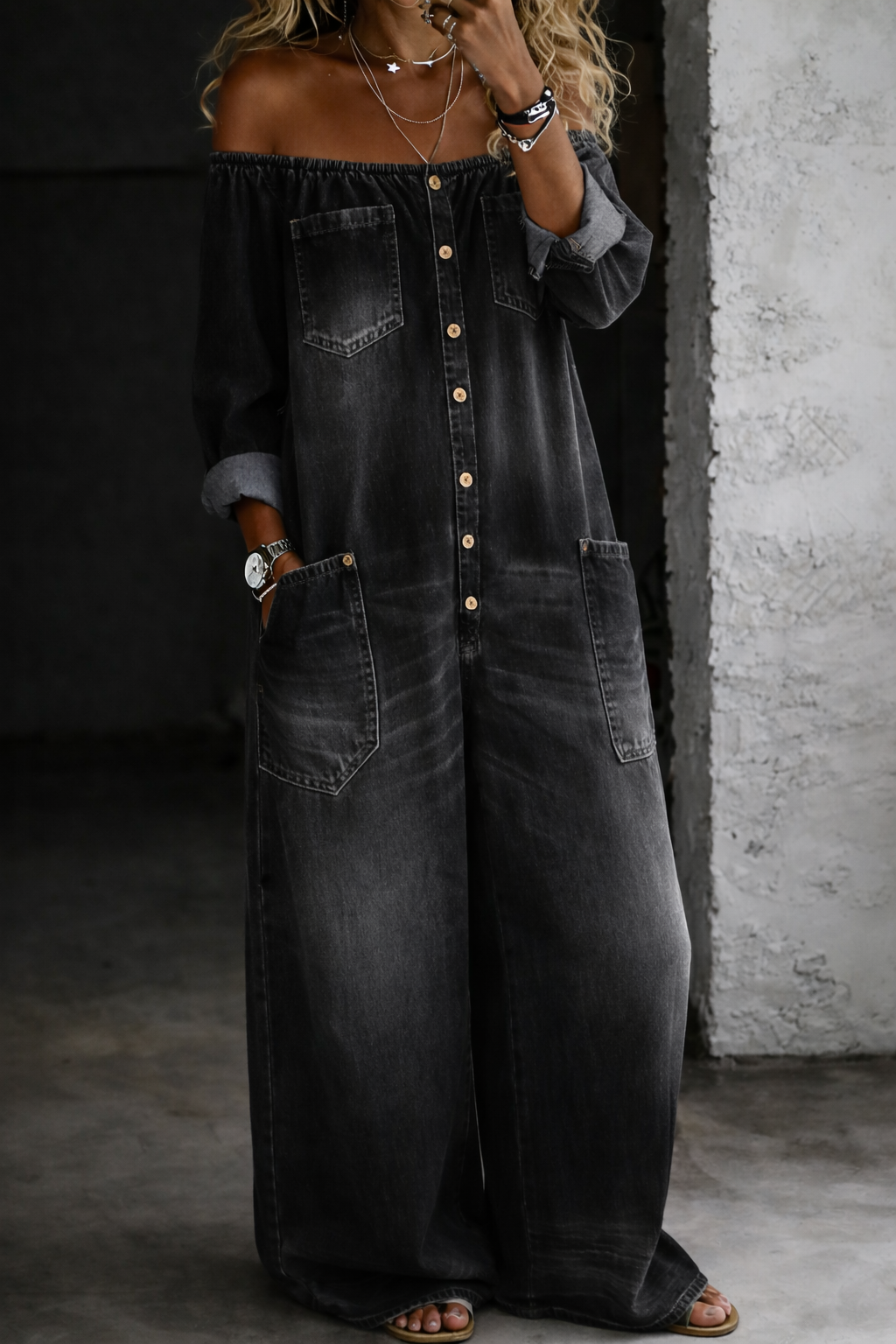 ELENA | OFF-SHOULDER DENIM JUMPSUIT FOR WOMEN