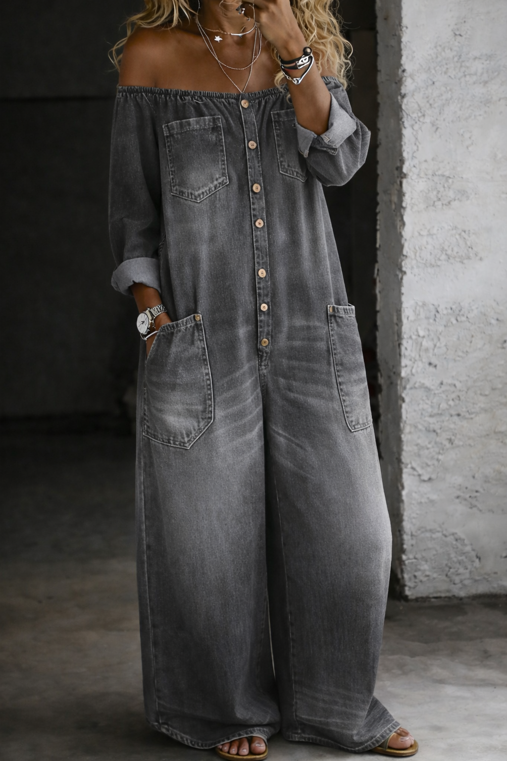 ELENA | OFF-SHOULDER DENIM JUMPSUIT FOR WOMEN