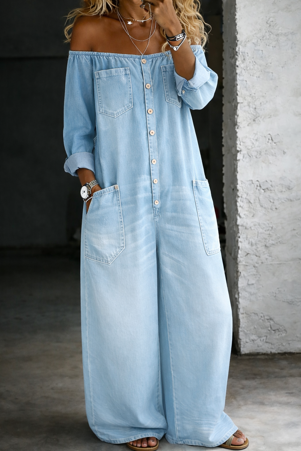 ELENA | OFF-SHOULDER DENIM JUMPSUIT FOR WOMEN