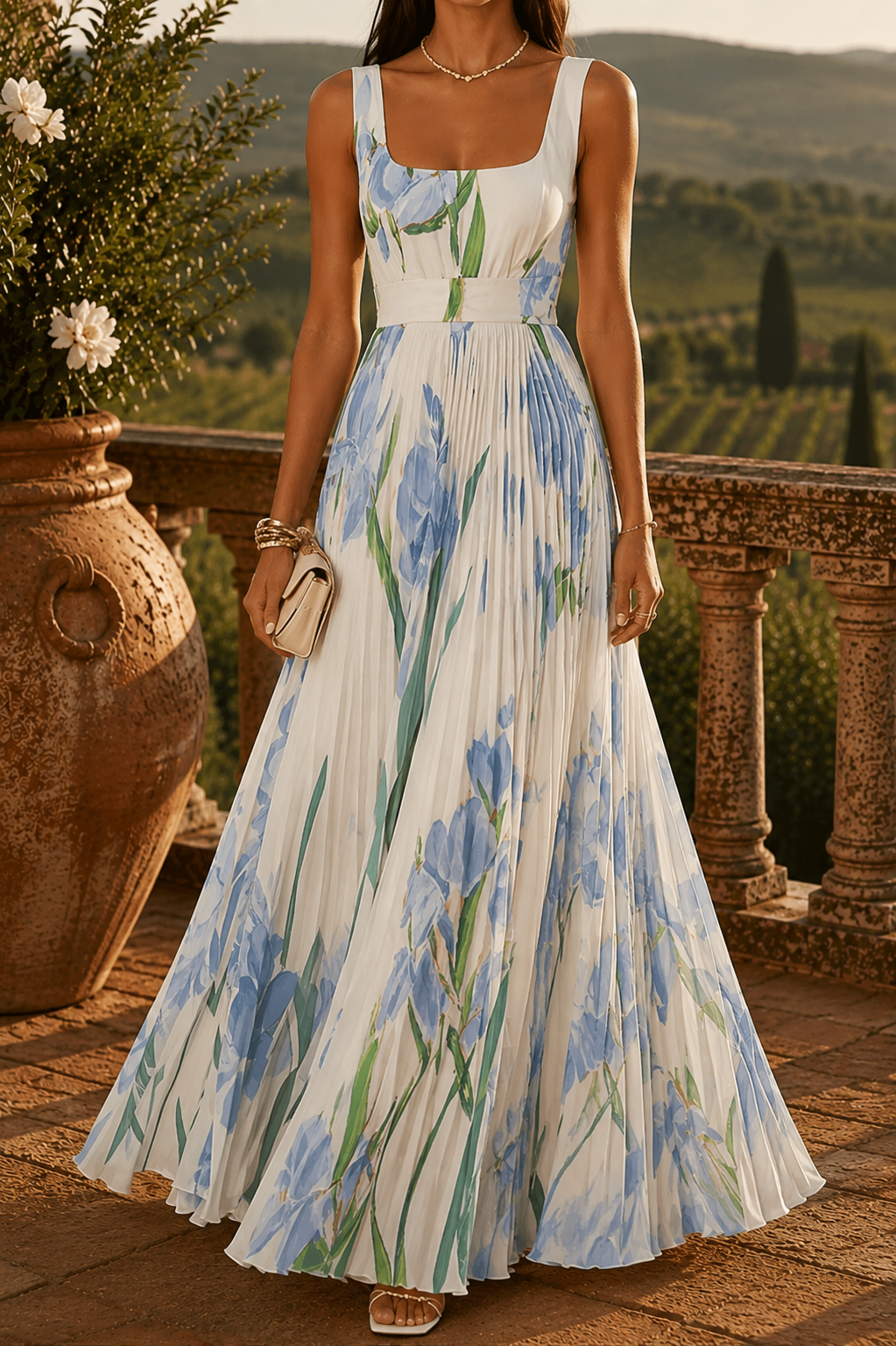 Long Pleated Dress with Floral Print