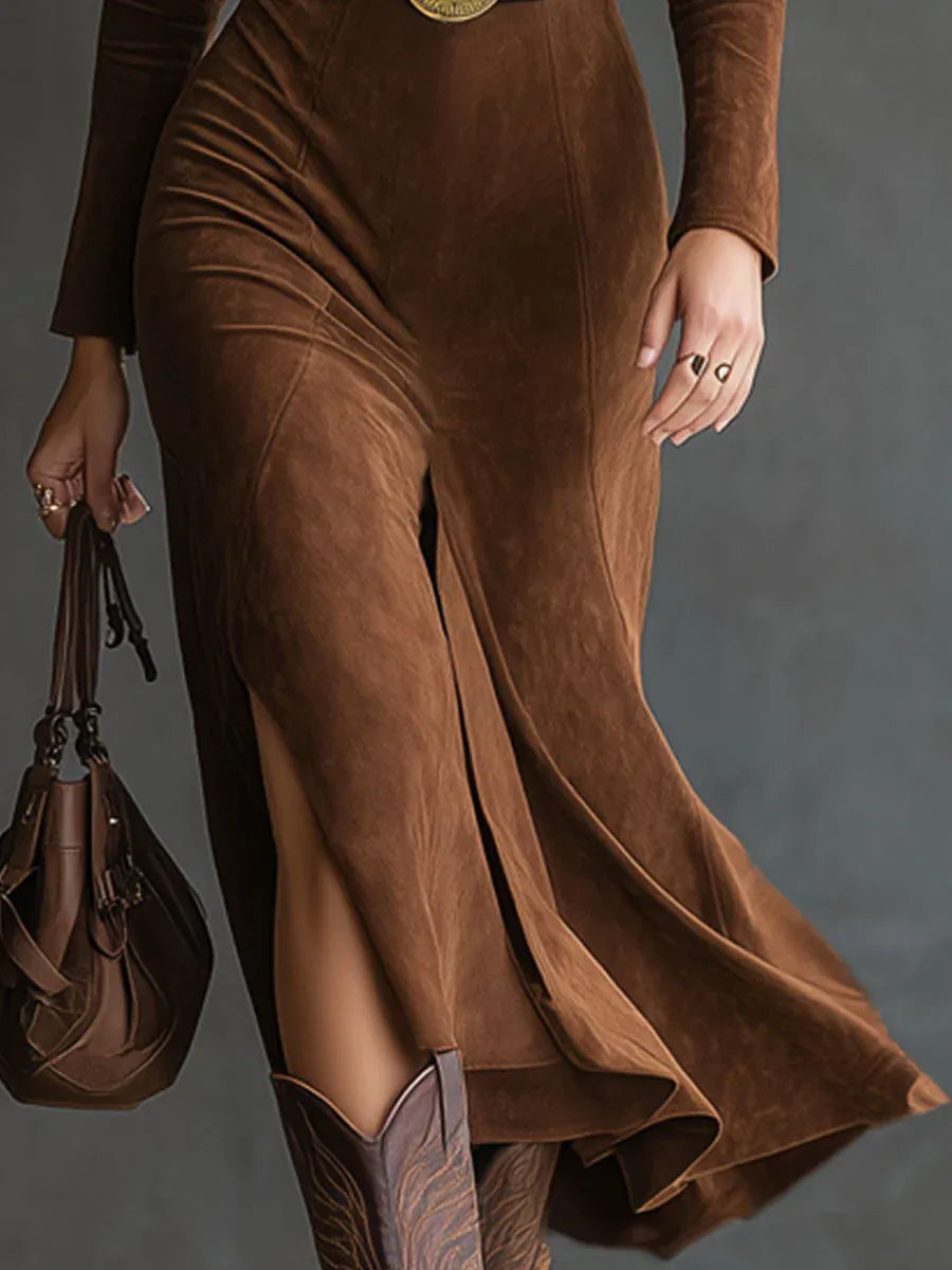 FELICITY - WESTERN SUEDE SLIT MIDI DRESS