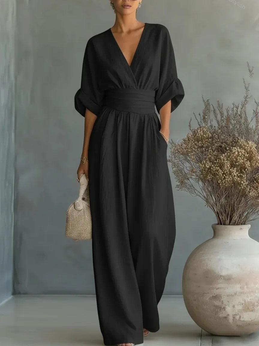 GRAINNE – ELEGANT WAISTED V-NECK JUMPSUIT