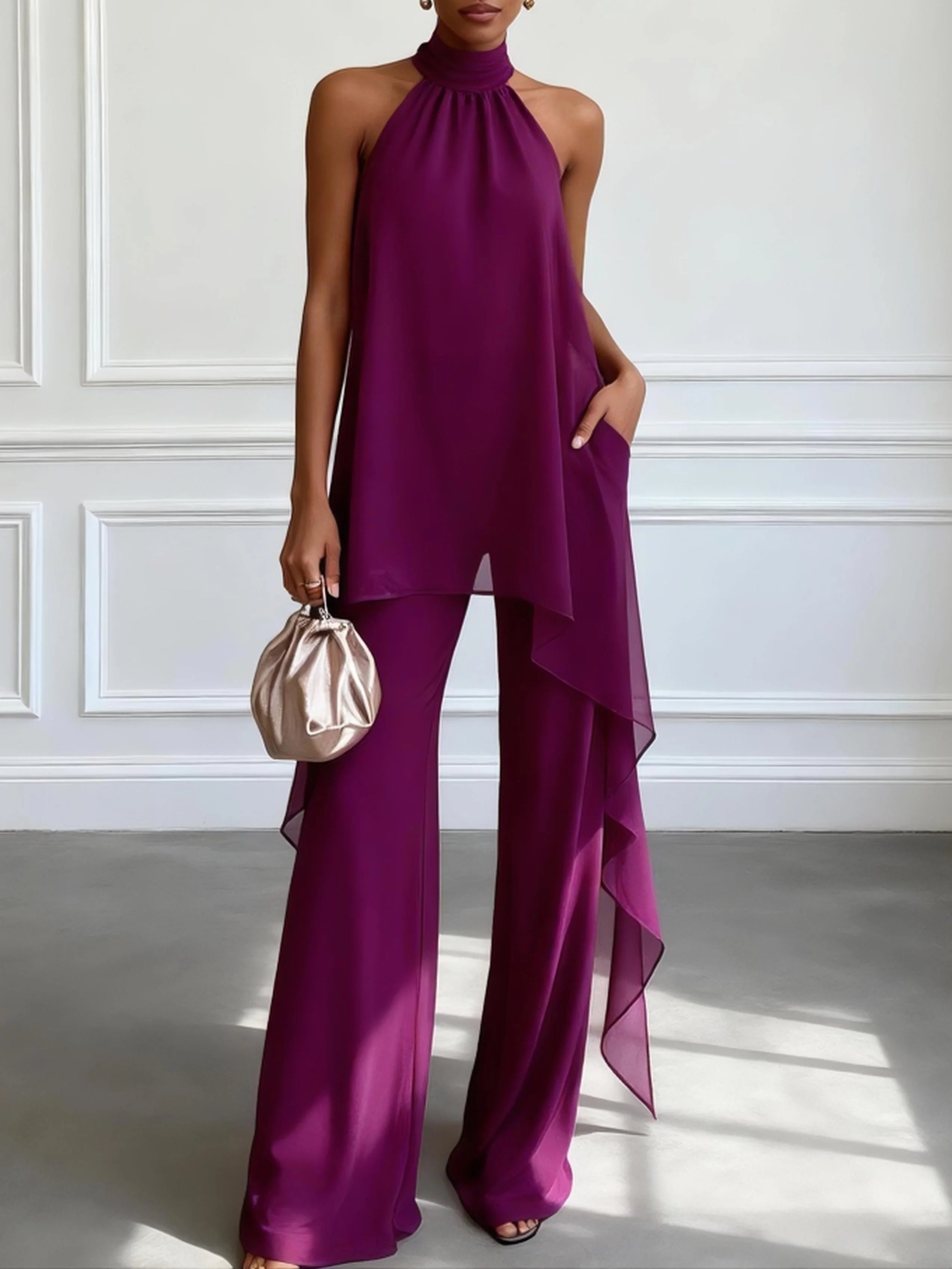 Elegant Sleeveless Purple Top Set with Pants