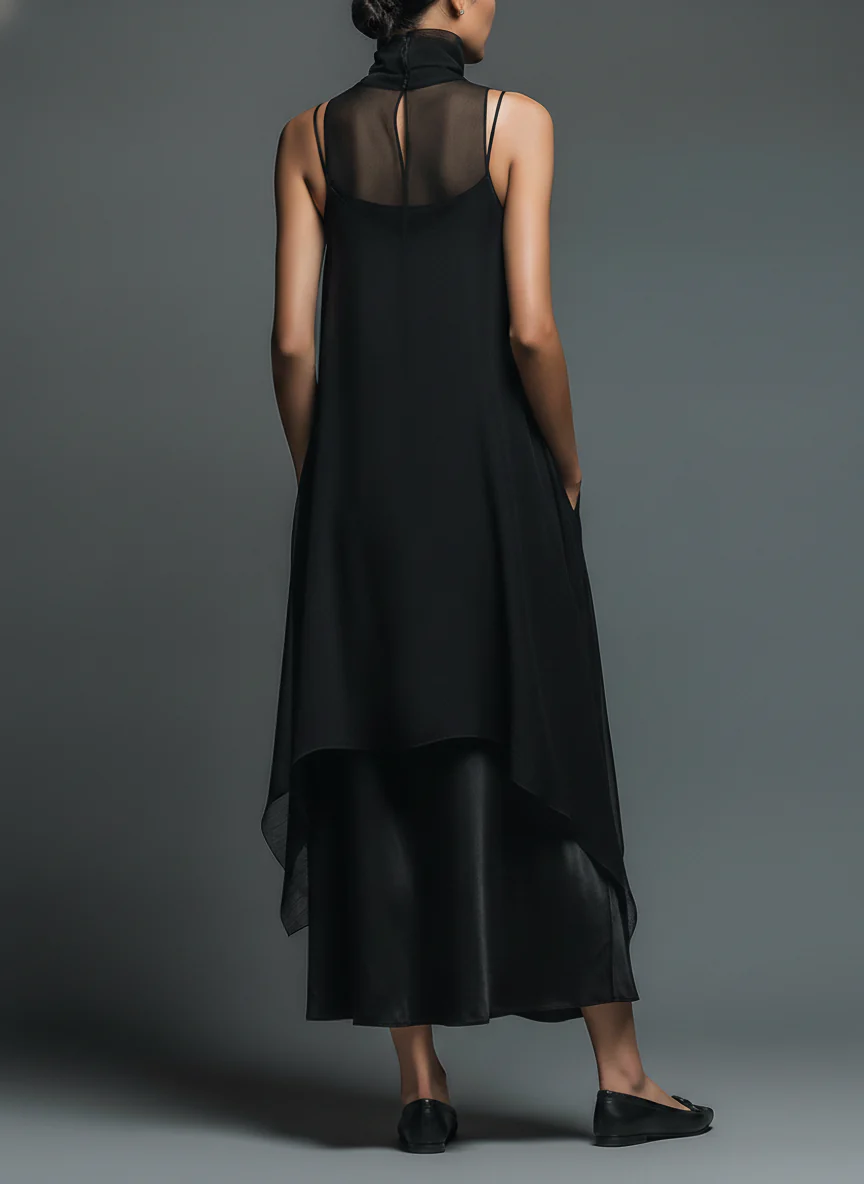 Black Minimalist Long Dress Made of Imitation Acetate Fiber, Combined with a Chiffon Cover-Up - Two-Piece Set