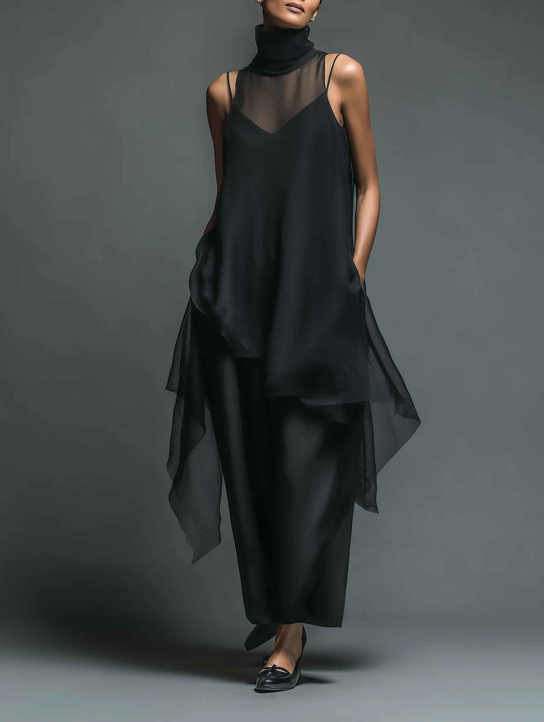 Black Minimalist Long Dress Made of Imitation Acetate Fiber, Combined with a Chiffon Cover-Up - Two-Piece Set