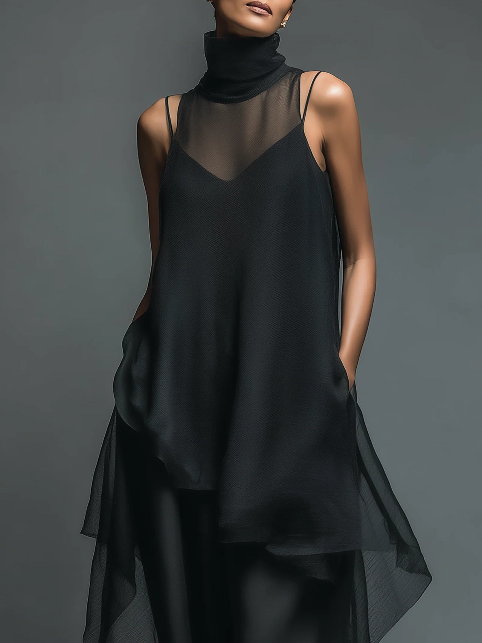 Black Minimalist Long Dress Made of Imitation Acetate Fiber, Combined with a Chiffon Cover-Up - Two-Piece Set