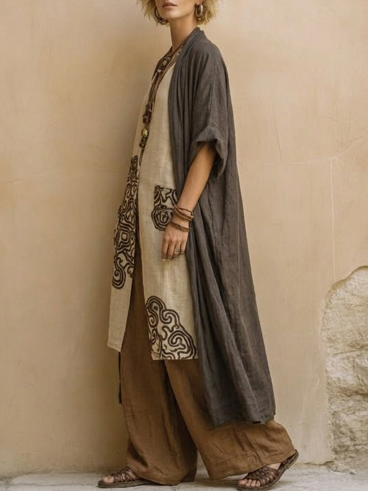 Set of three pieces in dark gray and brown bohemian tribal pattern