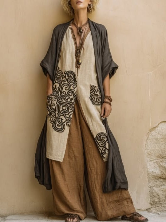 Set of three pieces in dark gray and brown bohemian tribal pattern