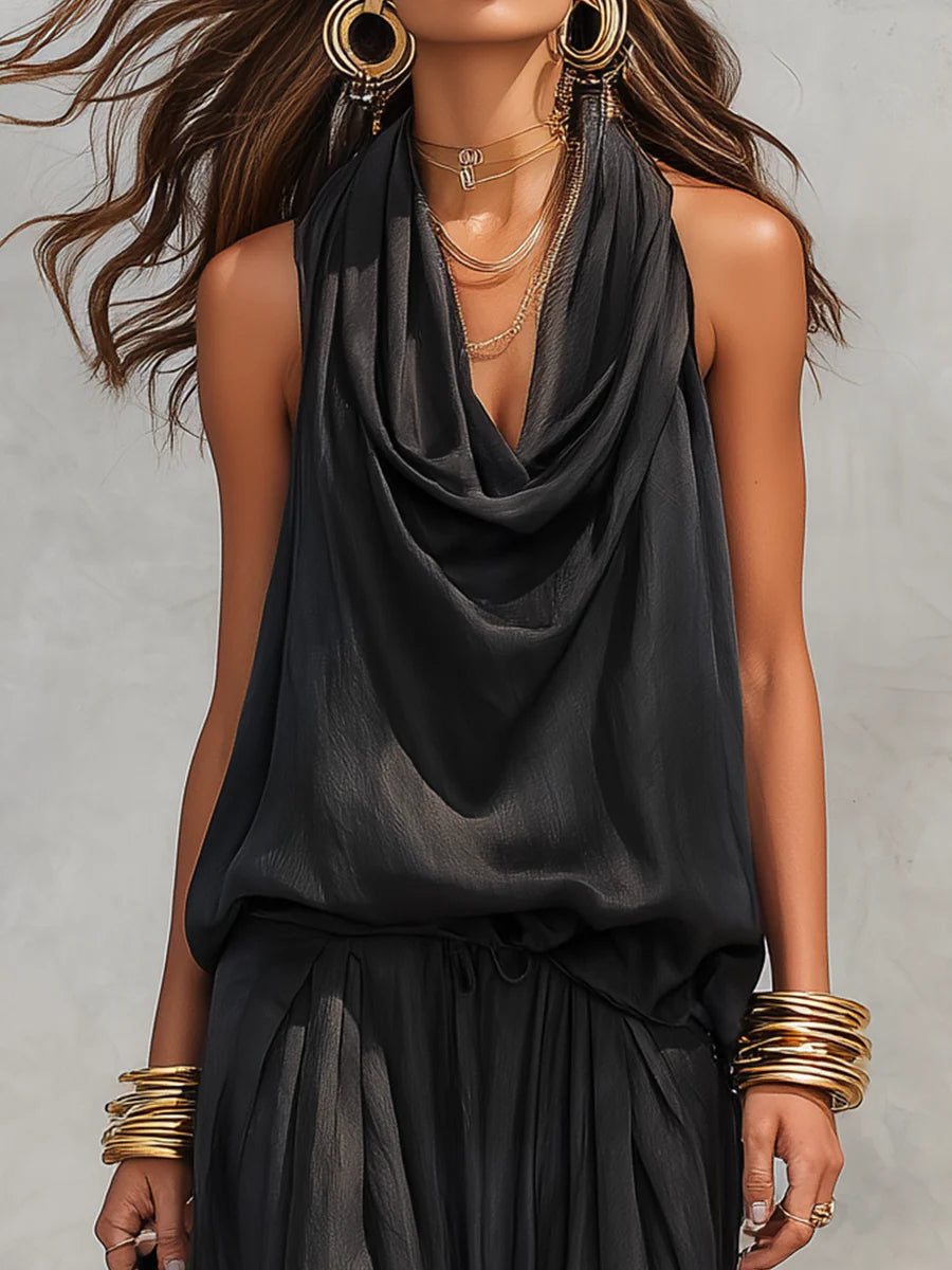 Sleeveless Halter Neck Top and Pleated Pants Set