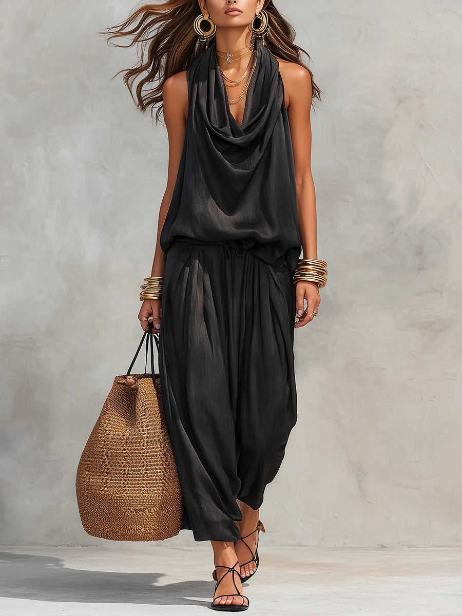 Sleeveless Halter Neck Top and Pleated Pants Set