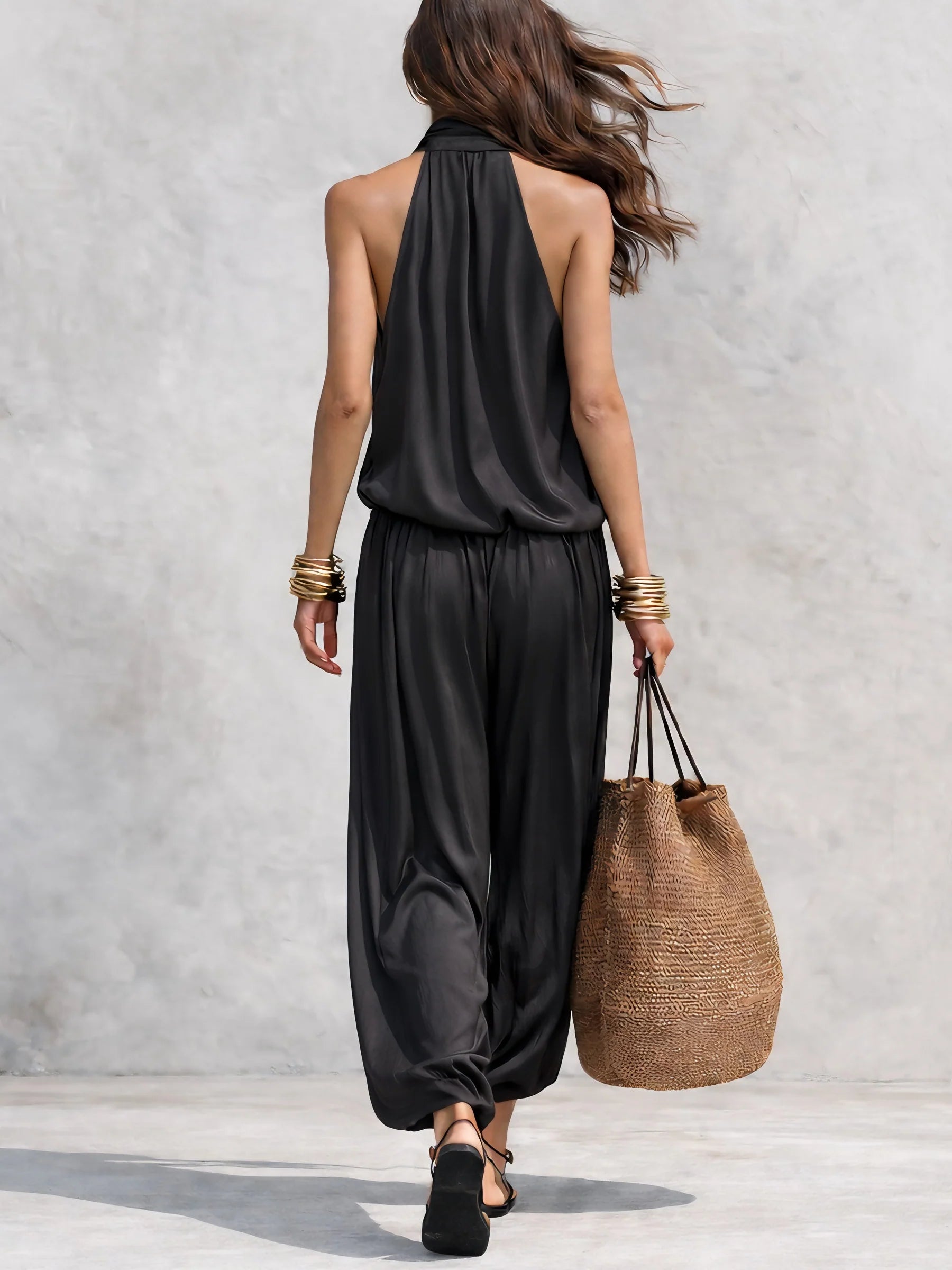 Sleeveless Halter Neck Top and Pleated Pants Set