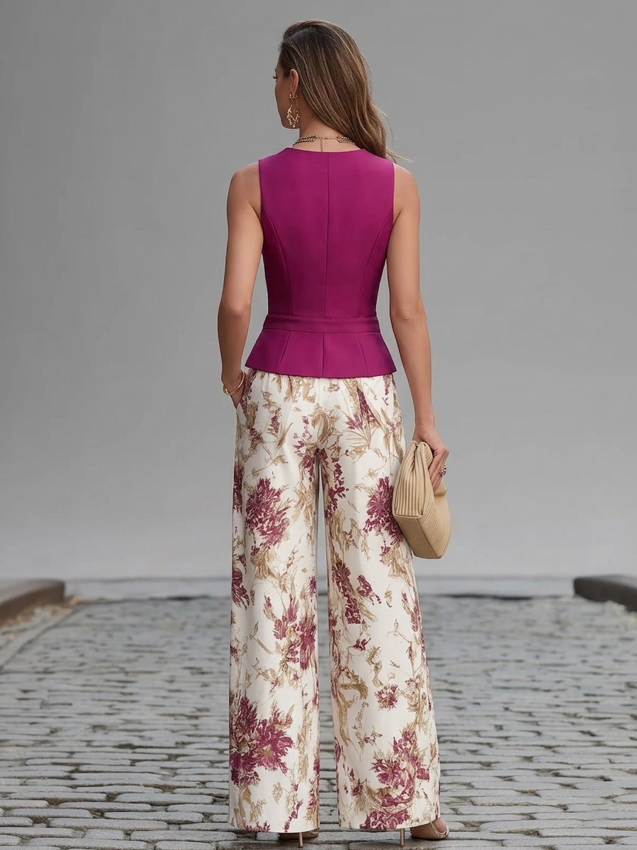 Light Pink Sleeveless Vest Set with Wide Floral Print Pants