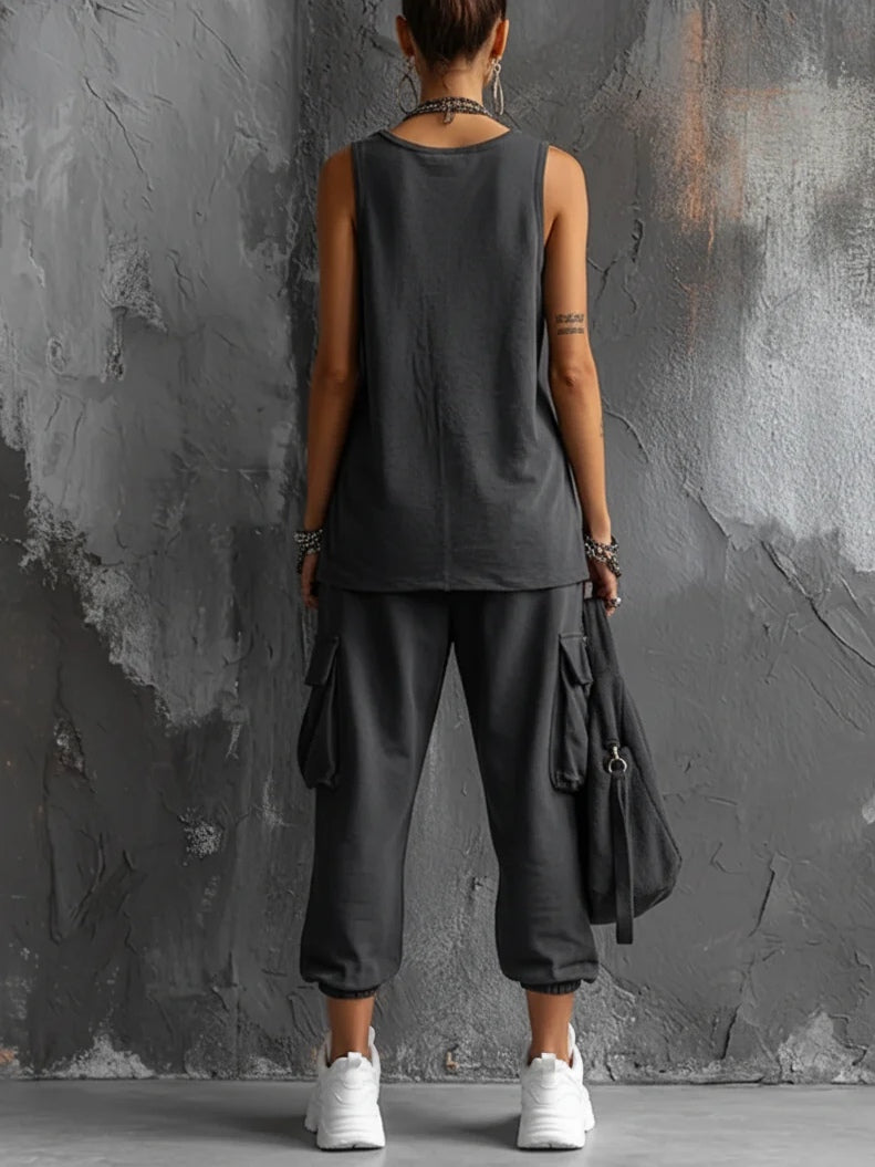 Dark Gray Casual Vest and Jogger Cargo Pants Set