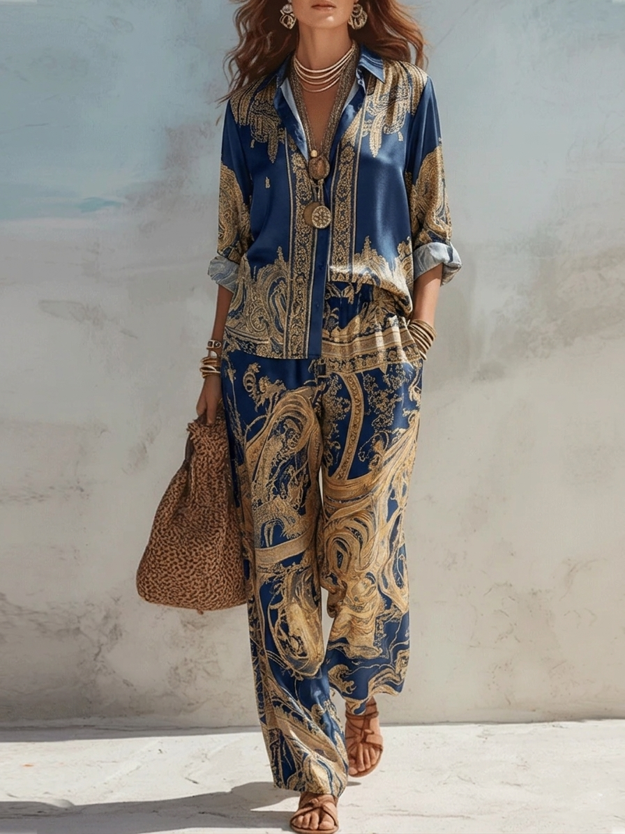 Baroque Print Shirt in Navy Blue and Wide Leg Pants Set