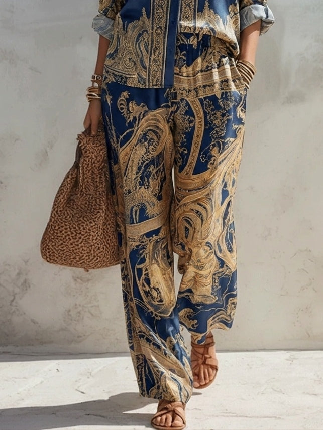 Baroque Print Shirt in Navy Blue and Wide Leg Pants Set