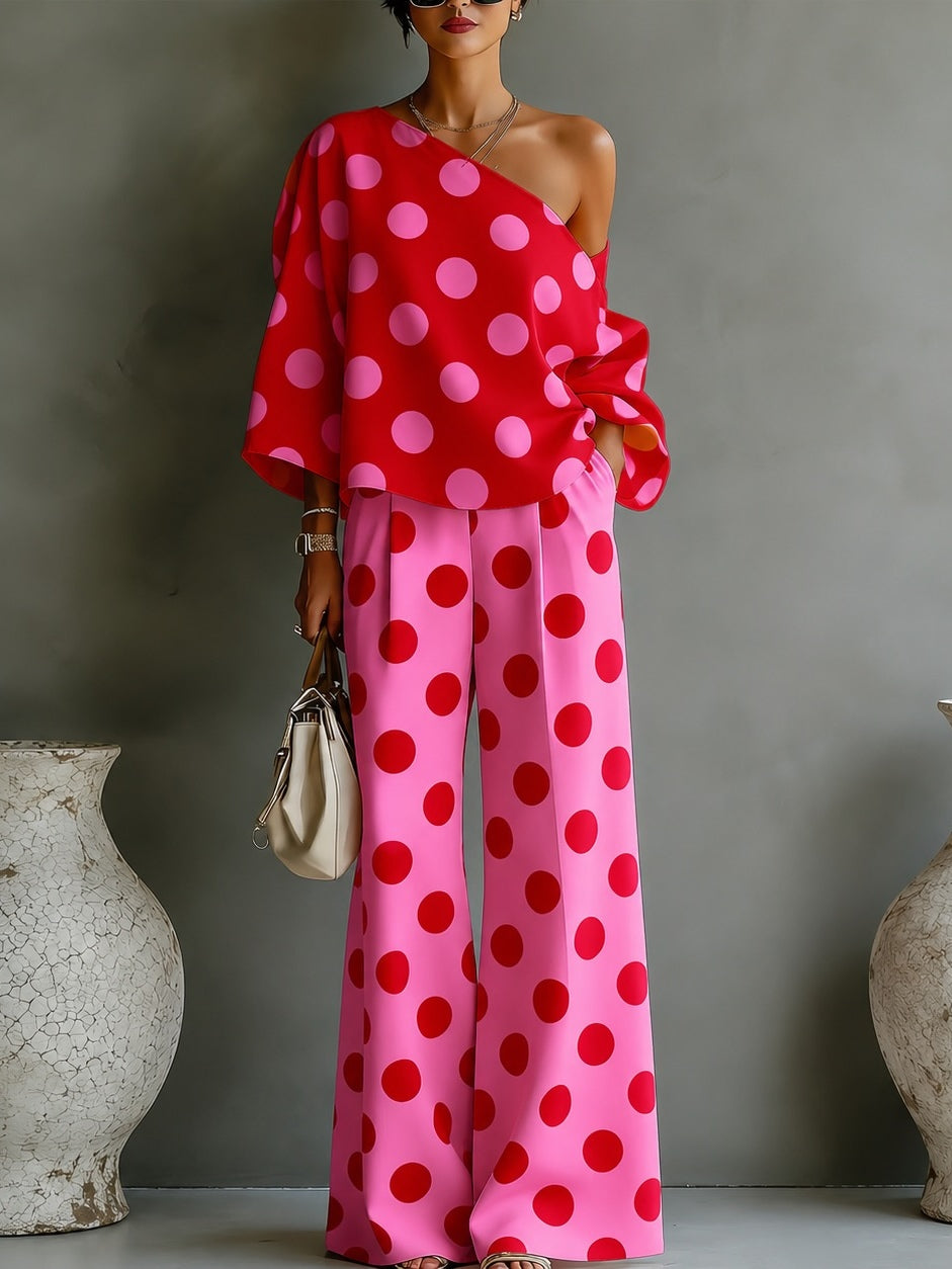 Retro Pink Polka Dot Crop Top with Wide Leg Pants