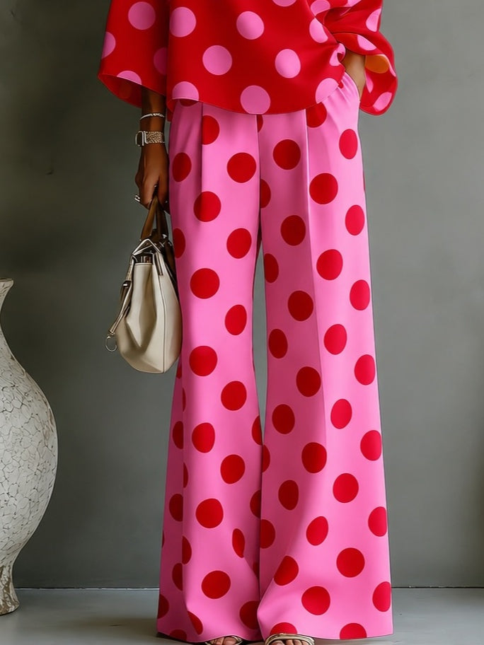Retro Pink Polka Dot Crop Top with Wide Leg Pants