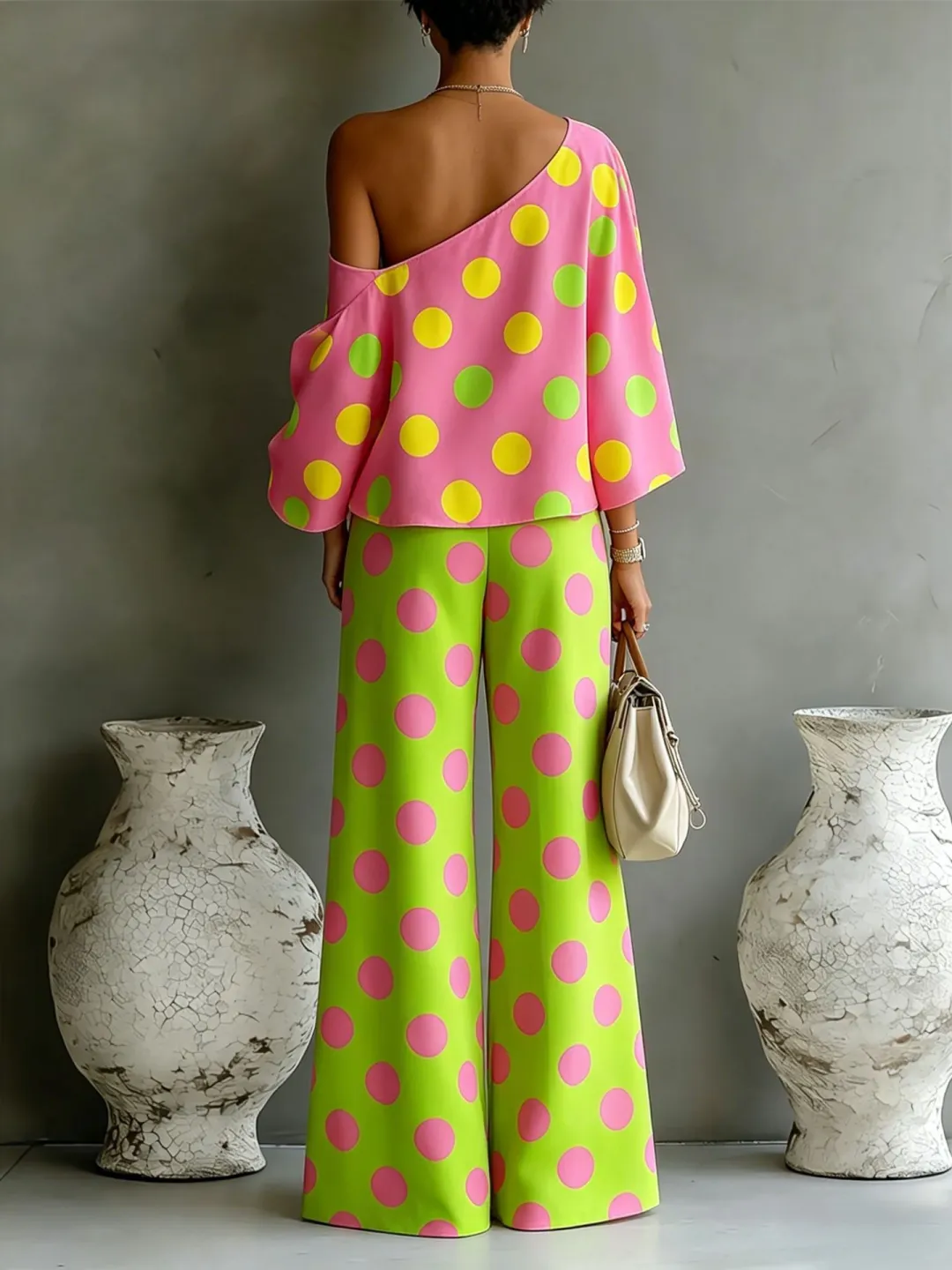 Asymmetrical Off-Shoulder Top Set with Wide Leg Pants