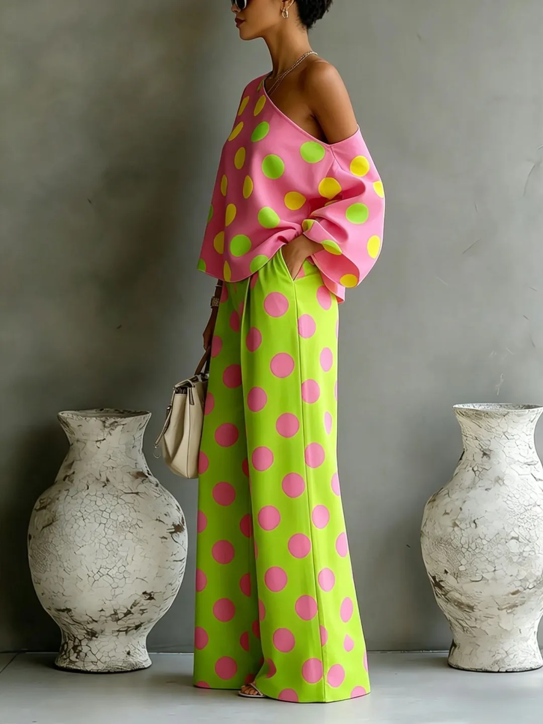 Asymmetrical Off-Shoulder Top Set with Wide Leg Pants