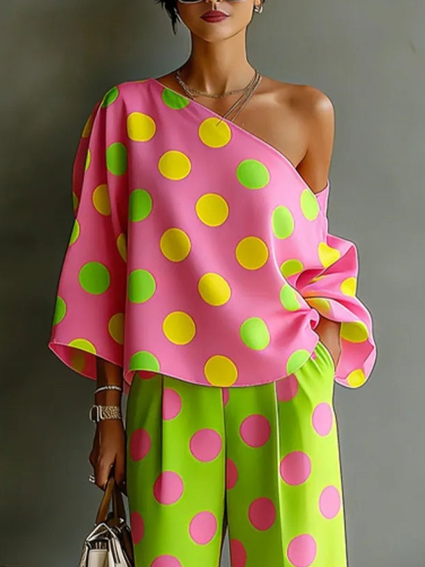 Asymmetrical Off-Shoulder Top Set with Wide Leg Pants