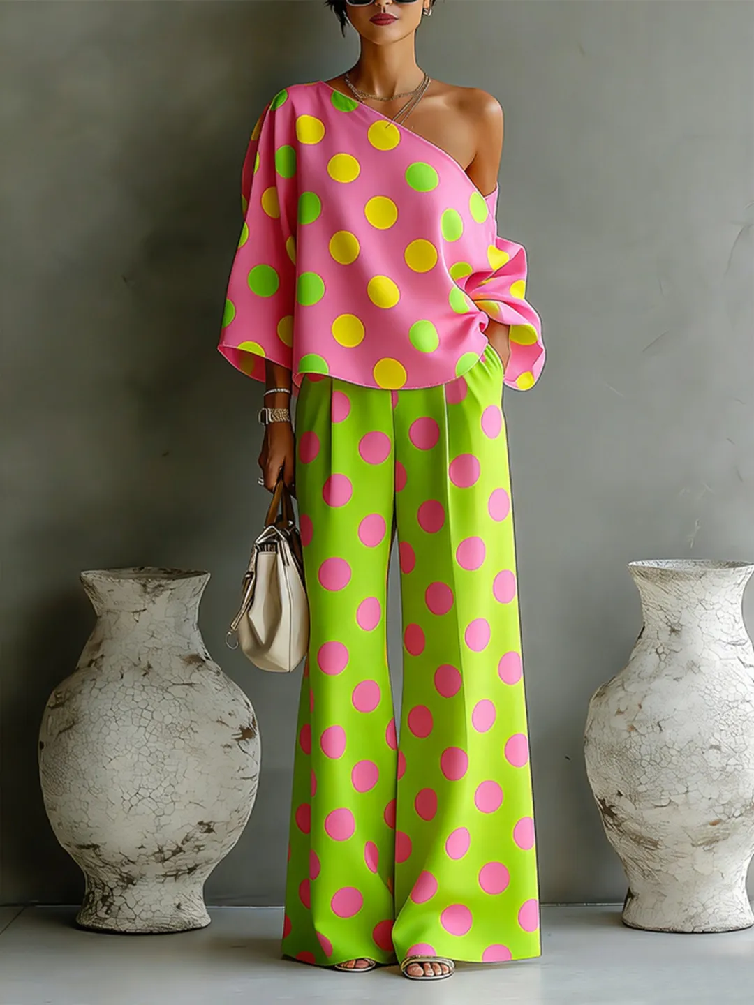 Asymmetrical Off-Shoulder Top Set with Wide Leg Pants