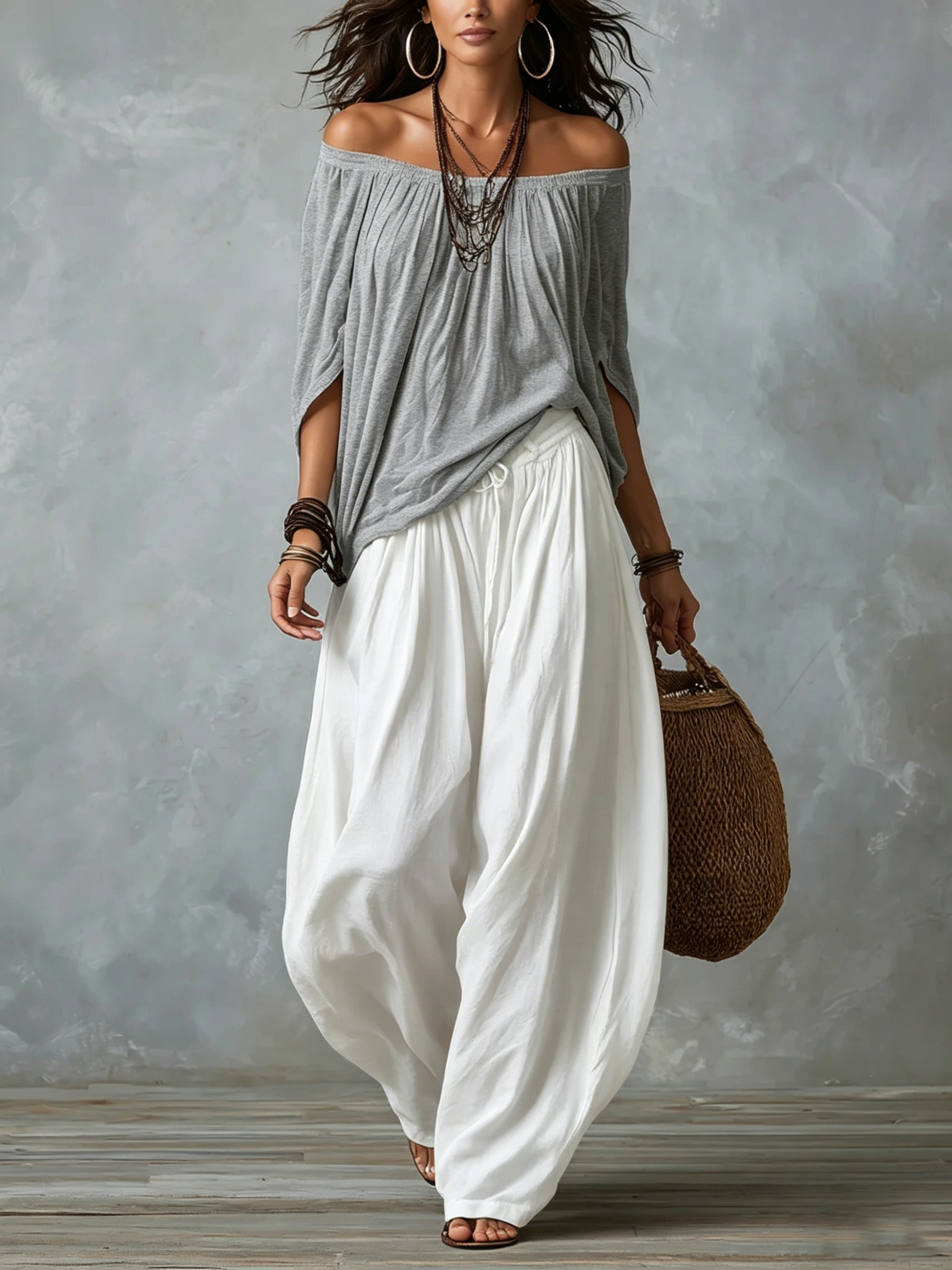 Gray Off-shoulder Top and Loose White Lantern Pants