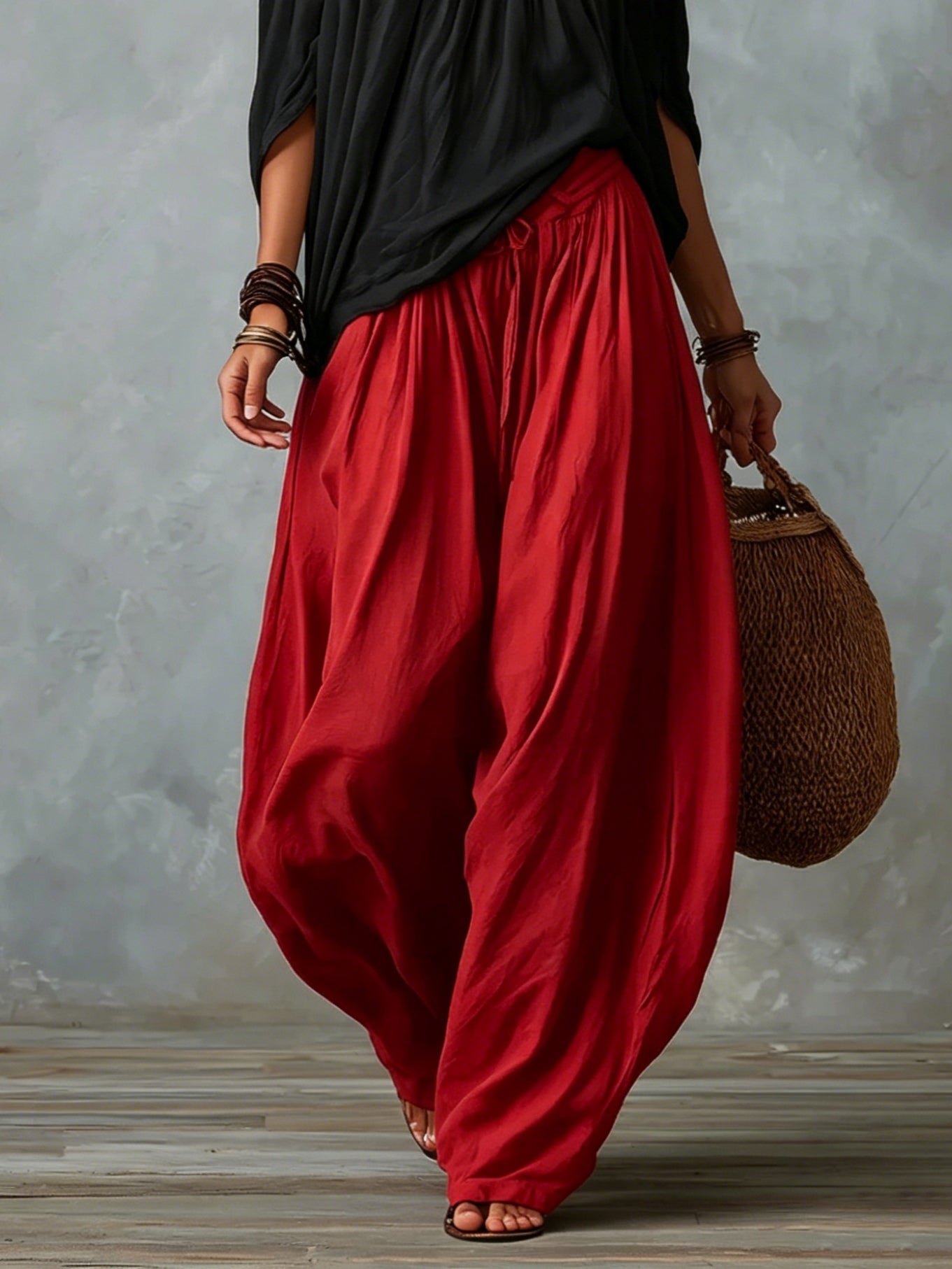Black Off-Shoulder Top and Loose Red Lantern Pants