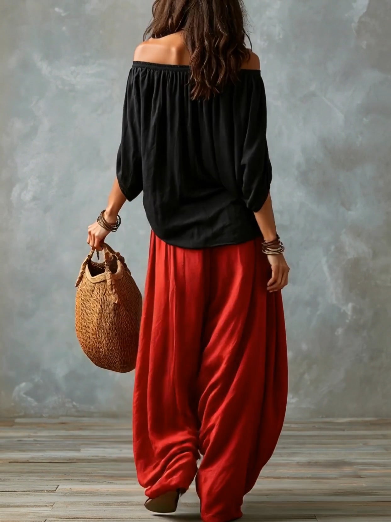 Black Off-Shoulder Top and Loose Red Lantern Pants