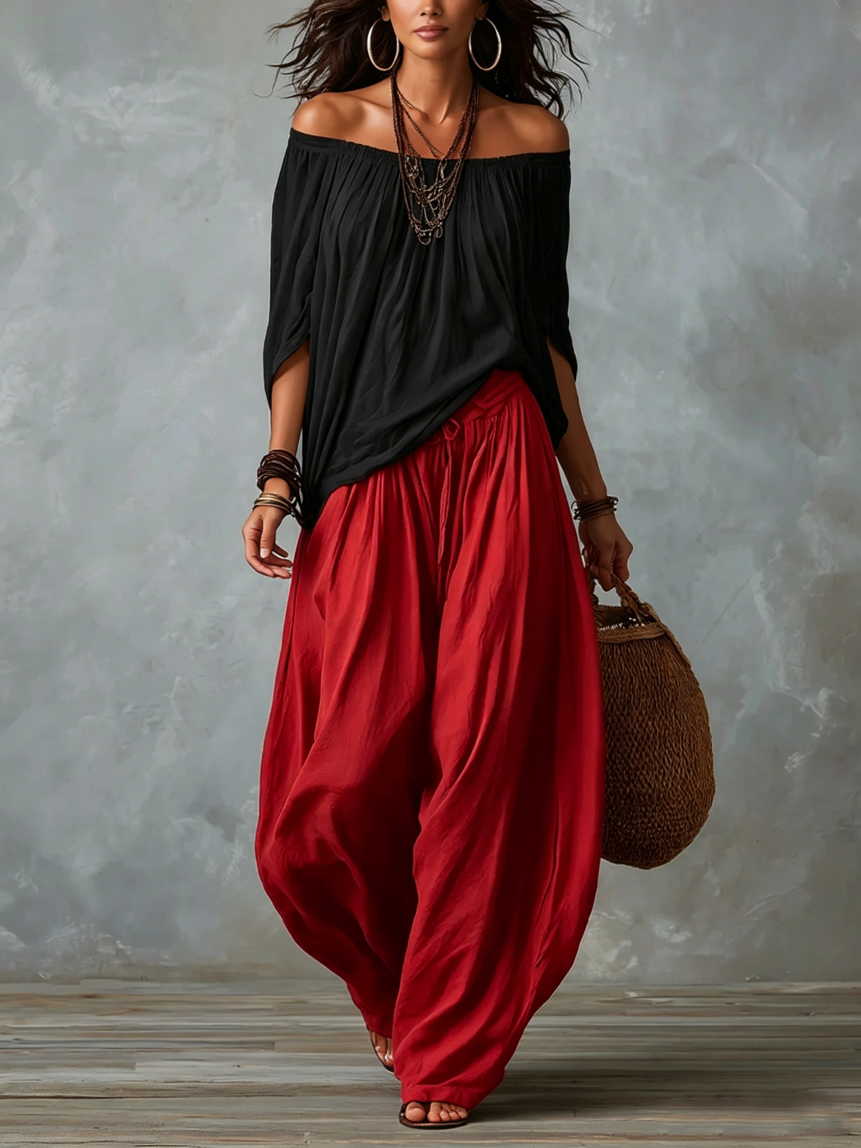 Black Off-Shoulder Top and Loose Red Lantern Pants