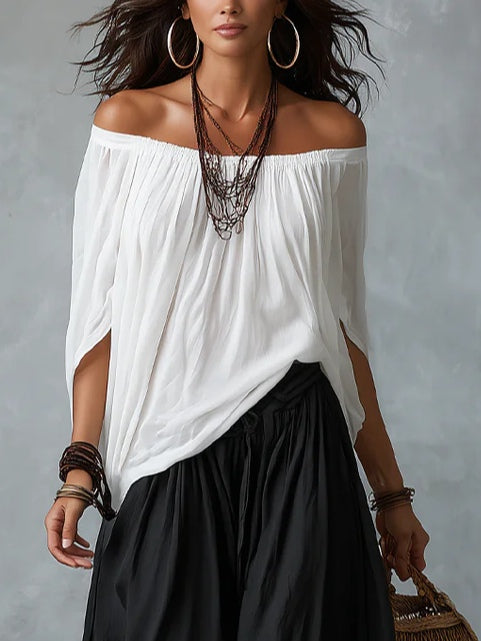 White Off-the-Shoulder Top and Loose Lantern Pants Set