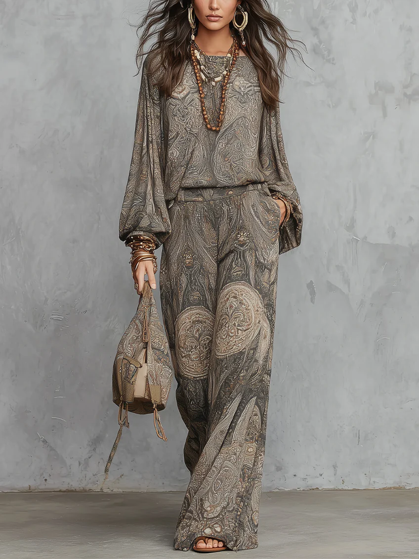 Top of Gray Paisley Pattern Lantern with Wide Leg Pants