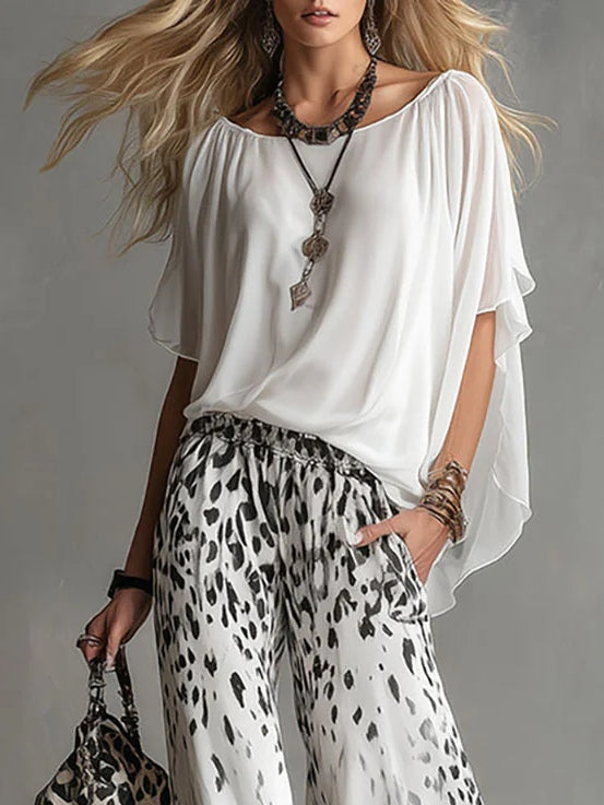 Fluid white t-shirt and chiffon pants set with leopard print