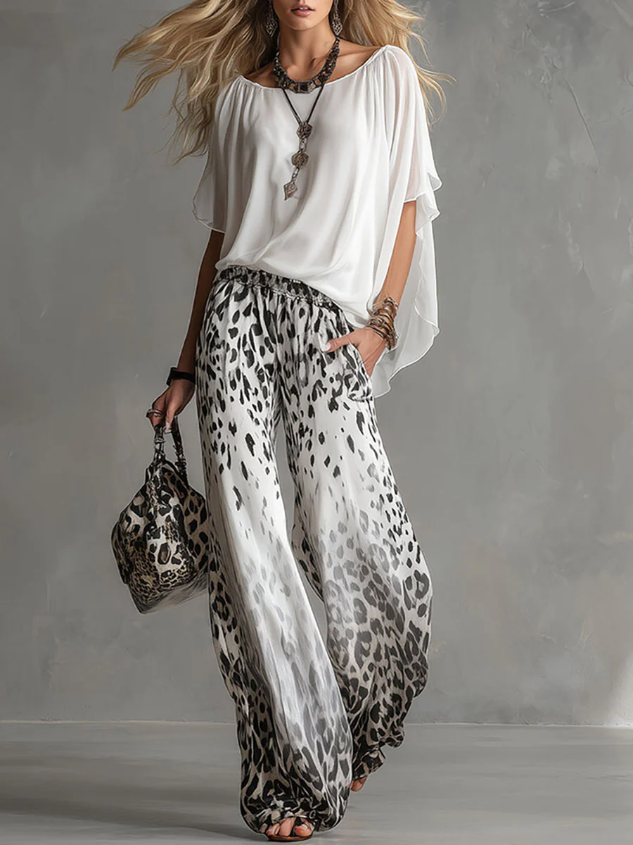 Fluid white t-shirt and chiffon pants set with leopard print