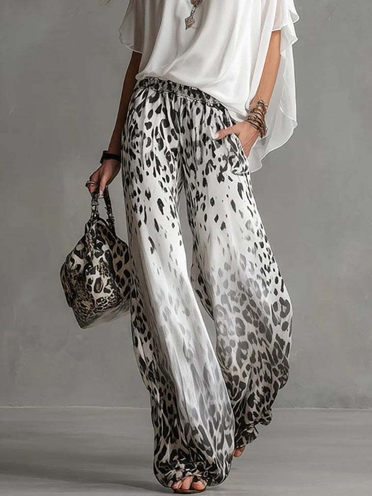 Fluid white t-shirt and chiffon pants set with leopard print