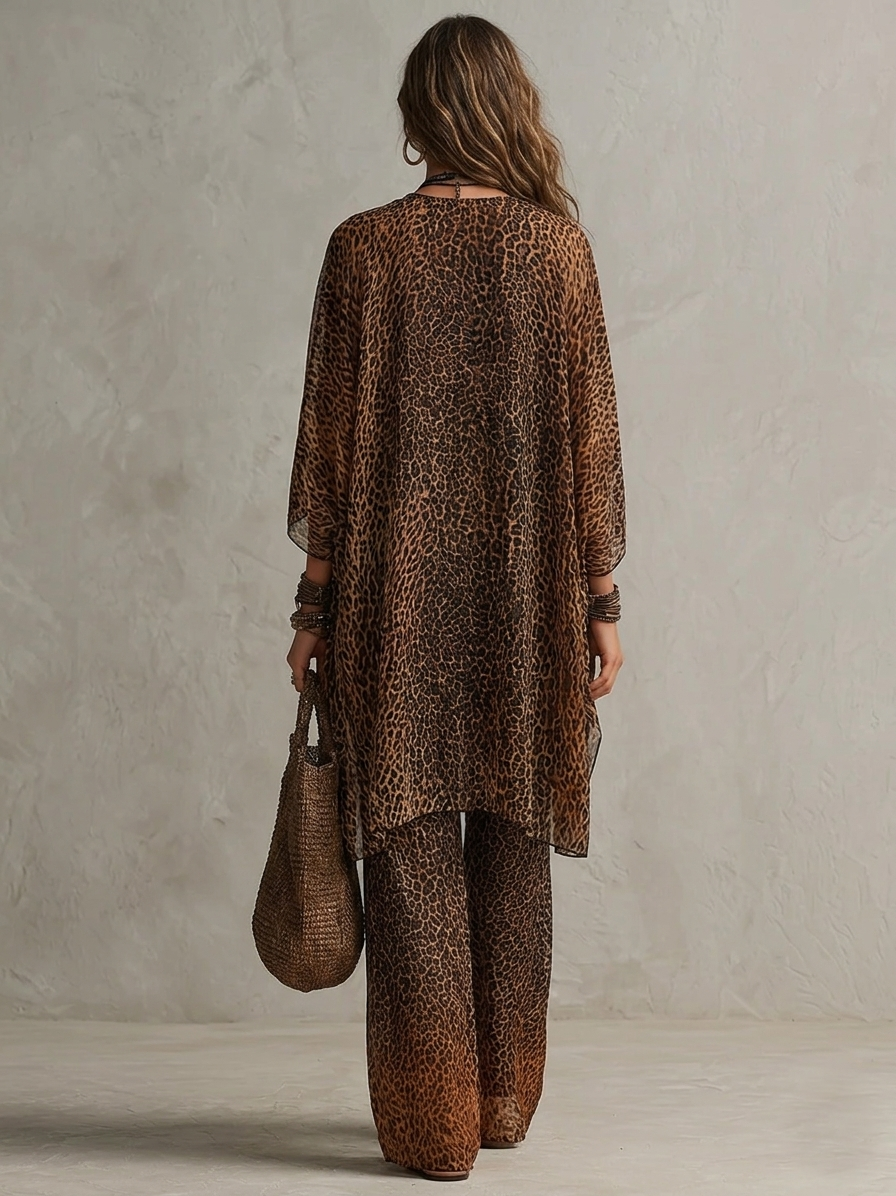 Flowing Leopard Print with Bohemian Gradient - Three-Piece Set