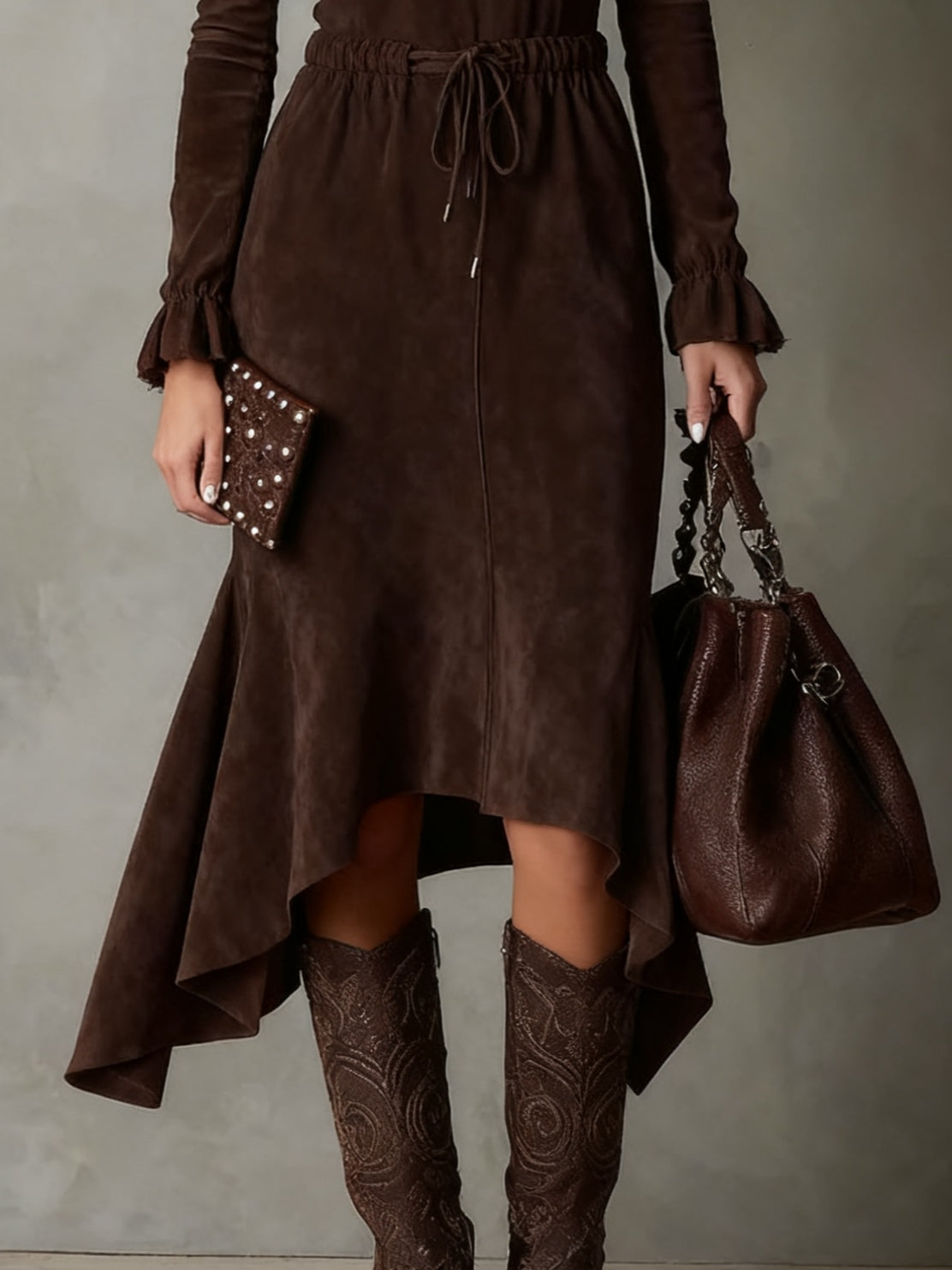 CECILY - BROWN SUEDE MIDI DRESS